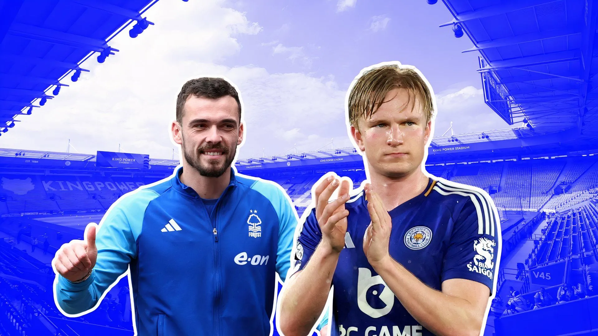 King Power Stadium, sân nhà của Leicester City, và các cầu thủ Harry Toffolo cùng Victor Kristiansen